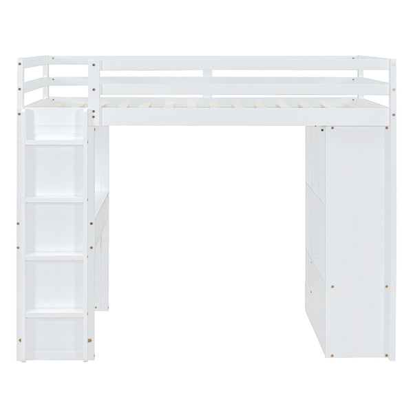 English Elm Full Size Loft Bed with Built-in Desk Shelves Led Lighting and Drawer Storage LT000367AAK