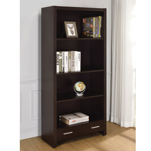 English Elm 4-Shelf Cappuccino Bookcase with Drawer, Smooth Metal Glides and Silver Pulls for Office Storage and Display B016P164159