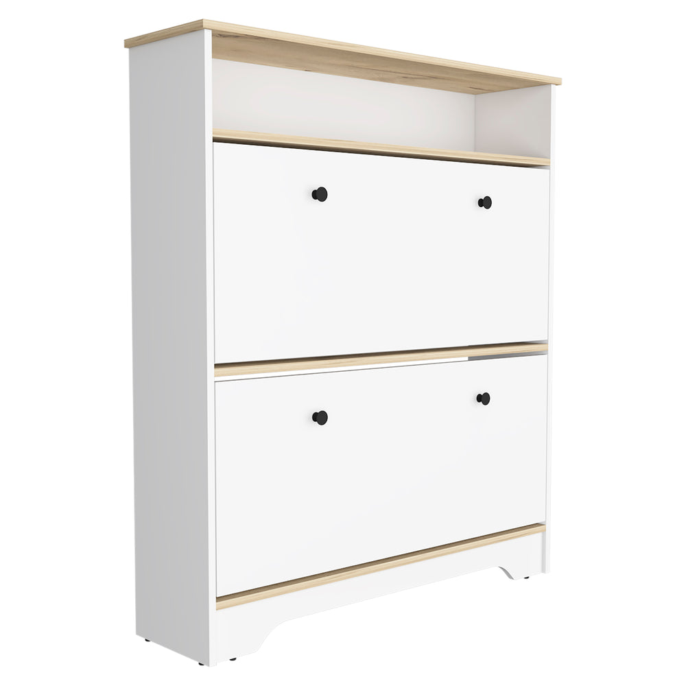 English Elm Shoe Rack 46" H Light Oak-White Finish, Holds 12 Pairs, Two Drawers, Two Doors, Modern Storage B097133215
