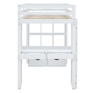 English Elm Twin Loft Bed with Built-in Desk Open Shelving and Led Lighting for Kids Rooms White LT000366AAK