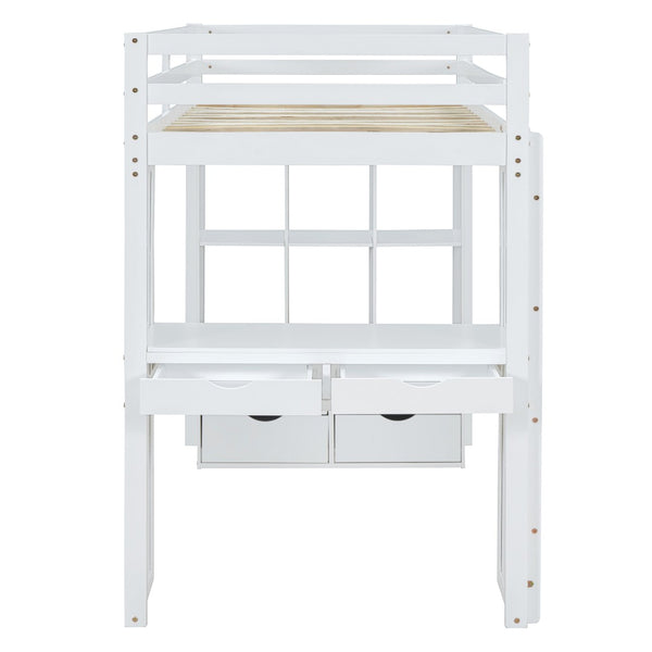 English Elm Twin Loft Bed with Built-in Desk Open Shelving and Led Lighting for Kids Rooms White LT000366AAK