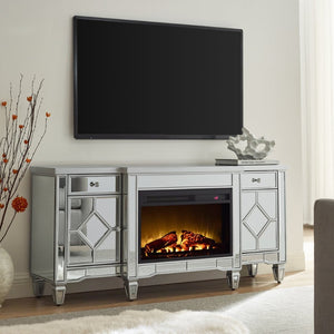 English Elm W 57 Inch Glossy Silver Electric Fireplace Tv Console with Mirrored Surround and Led Flame W1005S00006