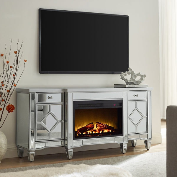 English Elm W 57 Inch Glossy Silver Electric Fireplace Tv Console with Mirrored Surround and Led Flame W1005S00006