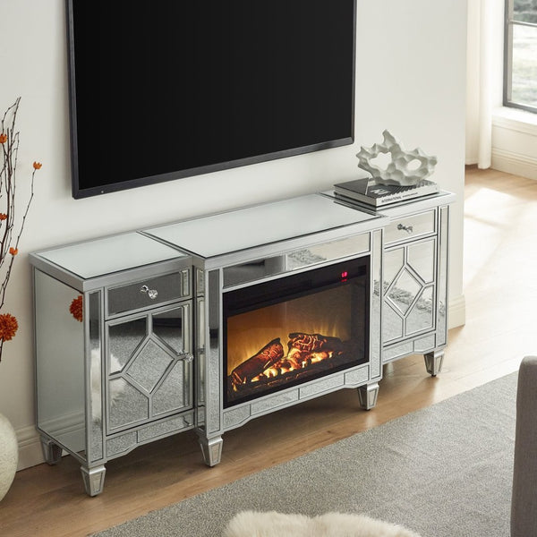 English Elm W 57 Inch Glossy Silver Electric Fireplace Tv Console with Mirrored Surround and Led Flame W1005S00006