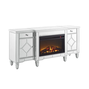 English Elm W 57 Inch Glossy Silver Electric Fireplace Tv Console with Mirrored Surround and Led Flame W1005S00006