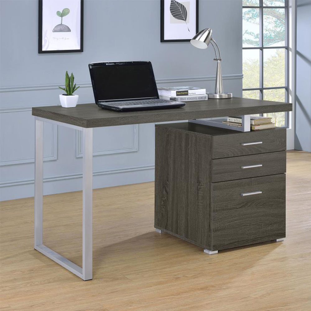 English Elm 3-drawer Office Desk with Spacious Work Surface, Metal Frame Accent, File Cabinet & Sleek Storage Appeal Grey B016P163568