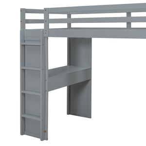 English Elm Twin Loft Bed with Built-in Desk Open Shelving and Led Lighting for Kids Rooms Gray LT000366AAE