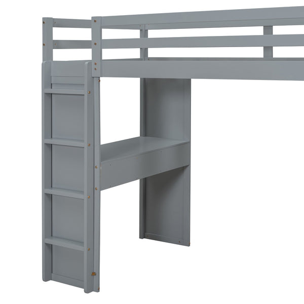 English Elm Twin Loft Bed with Built-in Desk Open Shelving and Led Lighting for Kids Rooms Gray LT000366AAE