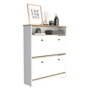 English Elm Shoe Rack 46" H Light Oak-White Finish, Holds 12 Pairs, Two Drawers, Two Doors, Modern Storage B097133215