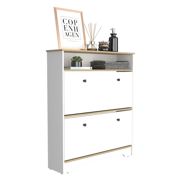 English Elm Shoe Rack 46" H Light Oak-White Finish, Holds 12 Pairs, Two Drawers, Two Doors, Modern Storage B097133215
