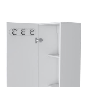 English Elm Storage Cabinet with Four Interior Shelves, Three Broom Hangers, Metal Legs for Organized Storage White 71.65 L x 20.86 W x 3.94 H B097133209
