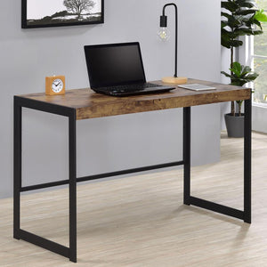 English Elm Writing Desk With Metal Frame In Antique Nutmeg and Gunmetal