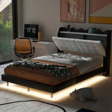 Full Size Upholstery Platform Bed Frame with Led Light Strips and Built-In Storage Space, Black