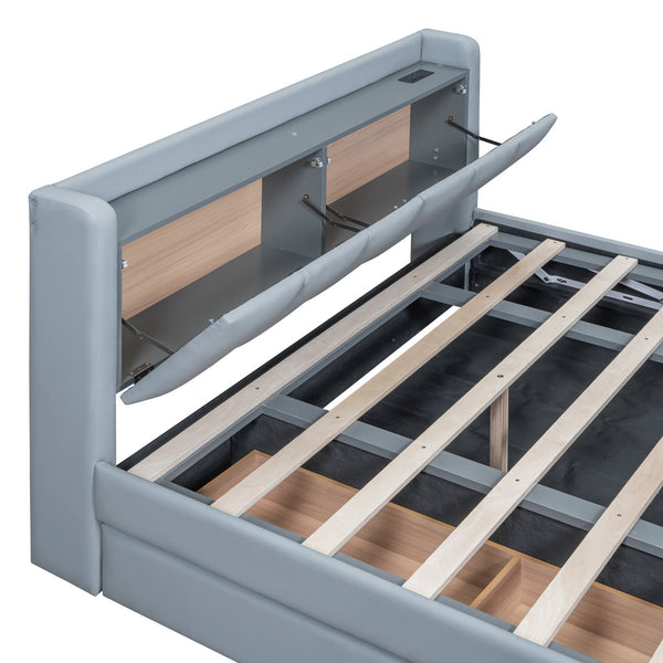 English Elm Queen Upholstered Platform Bed with Twin XL, Hydraulic Storage, USB Ports, Rail Converts to Two Beds SF000116AAE