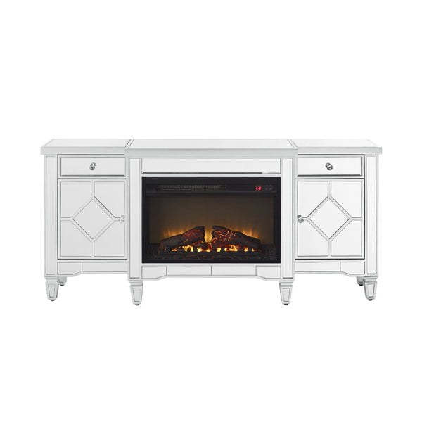 English Elm W 57 Inch Glossy Silver Electric Fireplace Tv Console with Mirrored Surround and Led Flame W1005S00006
