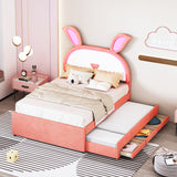 Hearth and Haven Full Size Upholstered Platform Bed with Trundle and 3 Drawers, Rabbit-Shaped Headboard with Embedded Led Lights SF000114AAH