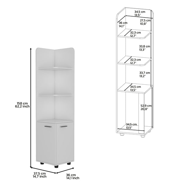 English Elm 62H" Corner Cabinet White with 3-Tier Open Shelves & 2-Door Base, Modern Legs, Space-Saving Bathroom Storage B097133210