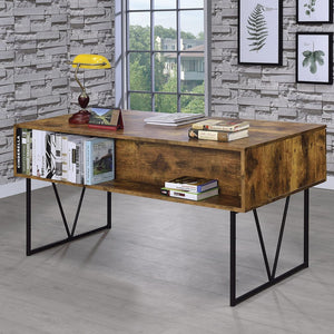 English Elm 4-Drawer Industrial Writing Desk in Antique Nutmeg & Black with Metal Frame, 4 Storage Drawers & Open Shelf — Stylish Home Office Centerpiece B016P164169