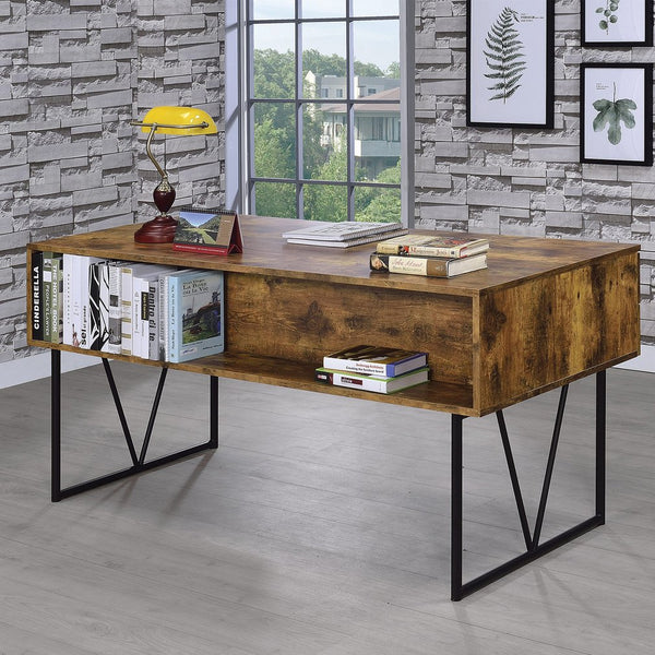 English Elm 4-Drawer Industrial Writing Desk in Antique Nutmeg & Black with Metal Frame, 4 Storage Drawers & Open Shelf — Stylish Home Office Centerpiece B016P164169