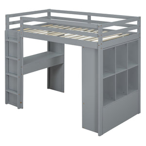 English Elm Twin Loft Bed with Built-in Desk Open Shelving and Led Lighting for Kids Rooms Gray LT000366AAE