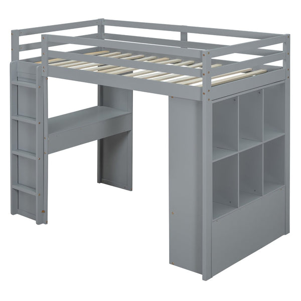 English Elm Twin Loft Bed with Built-in Desk Open Shelving and Led Lighting for Kids Rooms Gray LT000366AAE