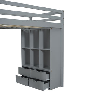 English Elm Twin Loft Bed with Built-in Desk Open Shelving and Led Lighting for Kids Rooms Gray LT000366AAE
