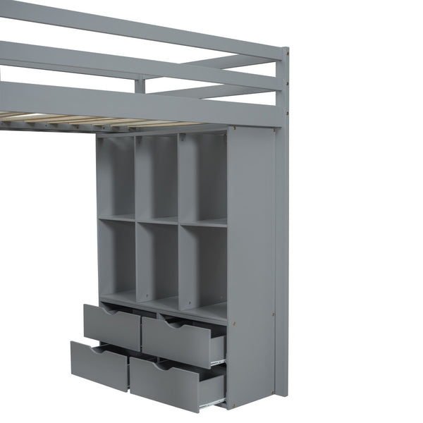 English Elm Twin Loft Bed with Built-in Desk Open Shelving and Led Lighting for Kids Rooms Gray LT000366AAE