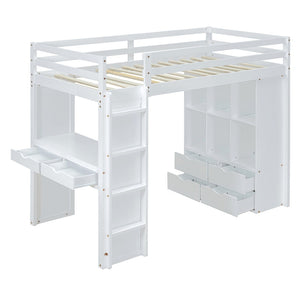 English Elm Full Size Loft Bed with Built-in Desk Shelves Led Lighting and Drawer Storage LT000367AAK
