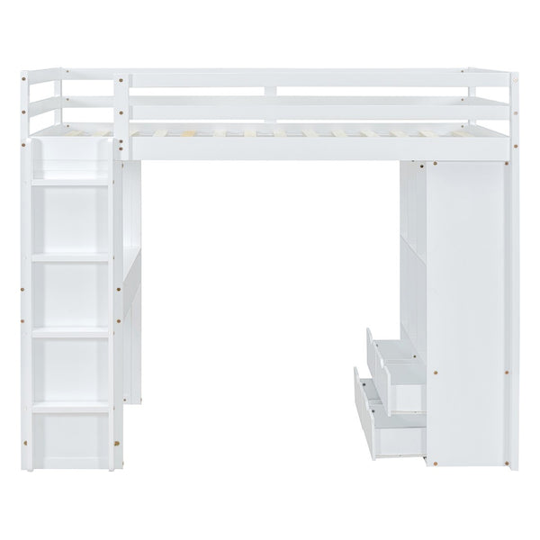 English Elm Twin Loft Bed with Built-in Desk Open Shelving and Led Lighting for Kids Rooms White LT000366AAK