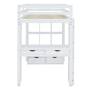 English Elm Twin Loft Bed with Built-in Desk Open Shelving and Led Lighting for Kids Rooms White LT000366AAK