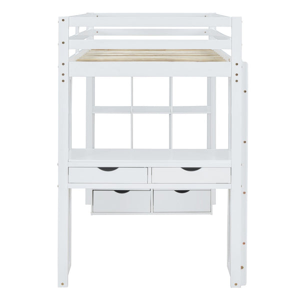 English Elm Twin Loft Bed with Built-in Desk Open Shelving and Led Lighting for Kids Rooms White LT000366AAK