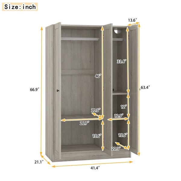English Elm 3-door Shutter Wardrobe Gray Mdf Finish with Hanging Rail and Shelves for Bedroom LP006004AAE