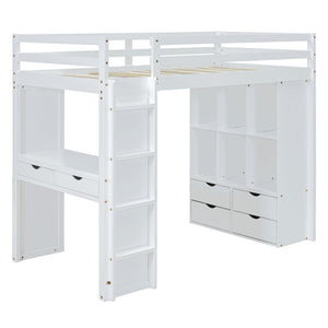 English Elm Full Size Loft Bed with Built-in Desk Shelves Led Lighting and Drawer Storage LT000367AAK