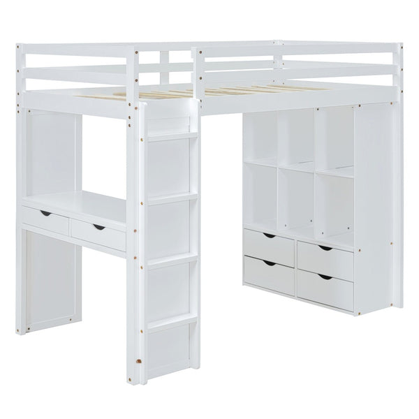 English Elm Full Size Loft Bed with Built-in Desk Shelves Led Lighting and Drawer Storage LT000367AAK