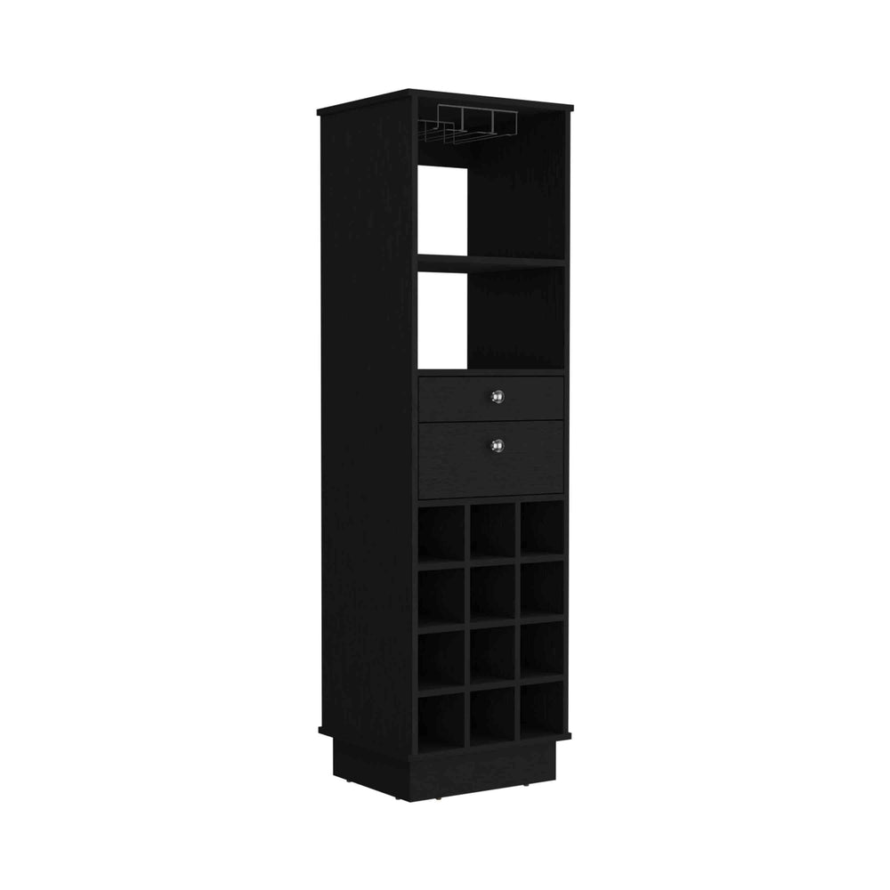 English Elm DEPOT Zircon Bar Cabinet Two Drawers Black – Elegant Storage with Six Wine Cubbies and Solid Base B097133220