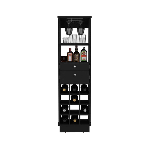 English Elm DEPOT Zircon Bar Cabinet Two Drawers Black – Elegant Storage with Six Wine Cubbies and Solid Base B097133220