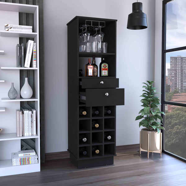 English Elm DEPOT Zircon Bar Cabinet Two Drawers Black – Elegant Storage with Six Wine Cubbies and Solid Base B097133220
