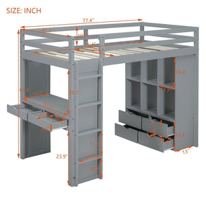English Elm Twin Loft Bed with Built-in Desk Open Shelving and Led Lighting for Kids Rooms Gray LT000366AAE