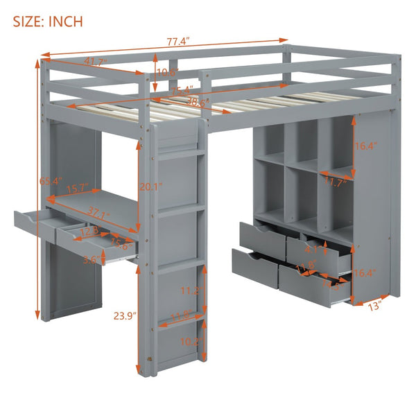 English Elm Twin Loft Bed with Built-in Desk Open Shelving and Led Lighting for Kids Rooms Gray LT000366AAE