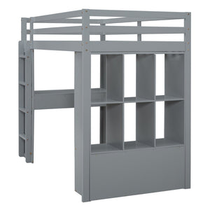 English Elm Twin Loft Bed with Built-in Desk Open Shelving and Led Lighting for Kids Rooms Gray LT000366AAE