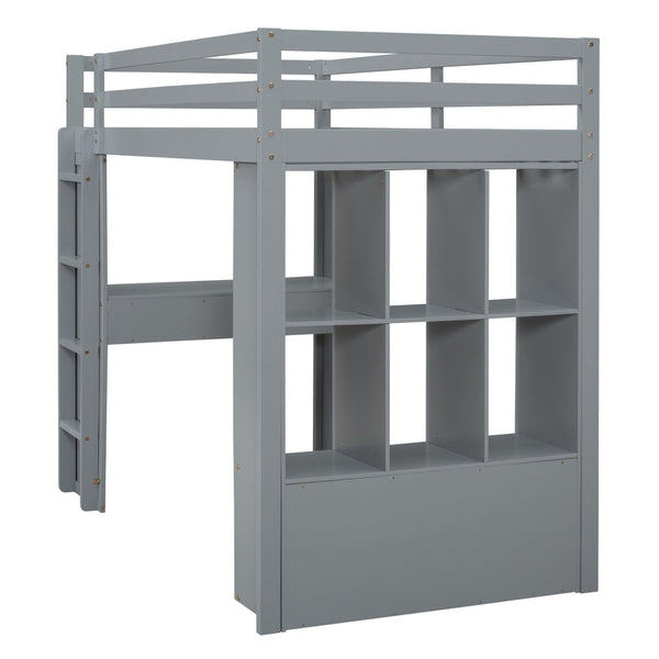 English Elm Twin Loft Bed with Built-in Desk Open Shelving and Led Lighting for Kids Rooms Gray LT000366AAE