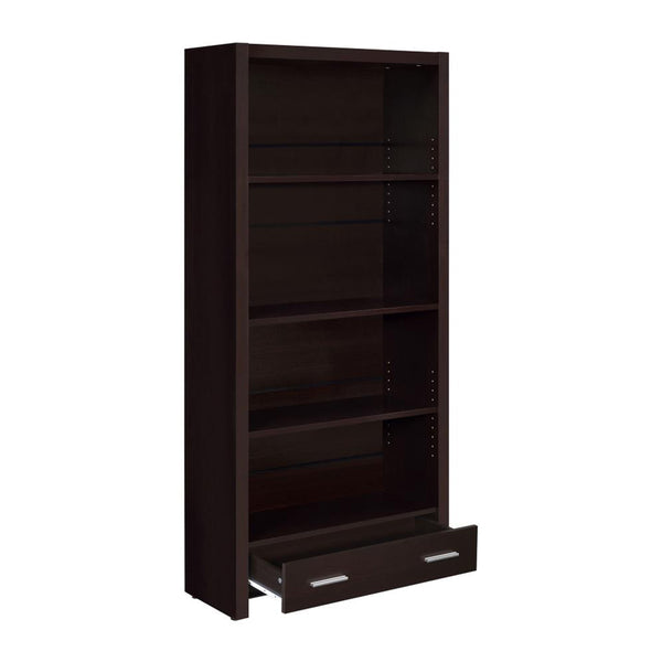 English Elm 4-Shelf Cappuccino Bookcase with Drawer, Smooth Metal Glides and Silver Pulls for Office Storage and Display B016P164159