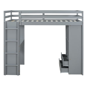 English Elm Twin Loft Bed with Built-in Desk Open Shelving and Led Lighting for Kids Rooms Gray LT000366AAE