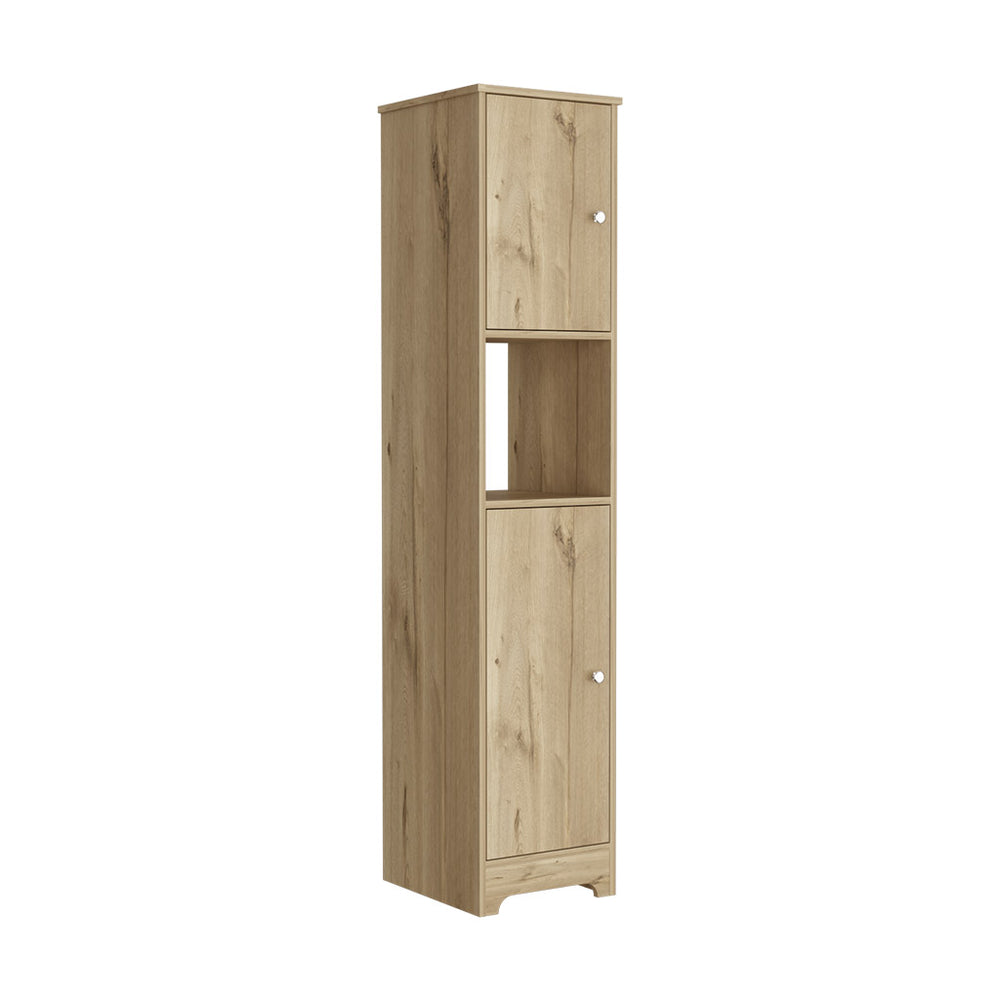 English Elm 68.8H" Double Door Cabinet Light Oak with Four Hidden Shelves and Open Display Shelf for Living Room B097133218