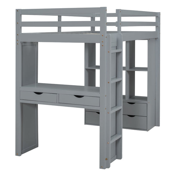 English Elm Twin Loft Bed with Built-in Desk Open Shelving and Led Lighting for Kids Rooms Gray LT000366AAE