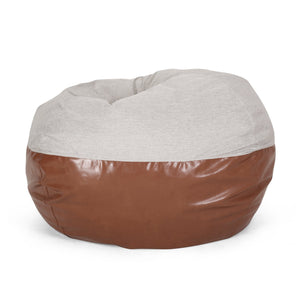 English Elm Maxi Rounded 5-Foot Faux Leather & Fabric Bean Bag Chair with Removable Washable Cover, Cozy Foam Filled Light Grey+Brown B181P163045