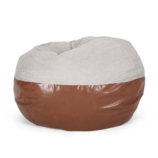 English Elm Maxi Rounded 5-Foot Faux Leather & Fabric Bean Bag Chair with Removable Washable Cover, Cozy Foam Filled Light Grey+Brown B181P163045
