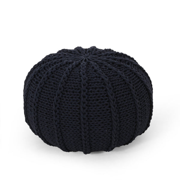 English Elm Bordeaux Knitted Cotton Round Pouf - Cozy Dark Blue Accent For Extra Seating & Stylish Decor B181P162898