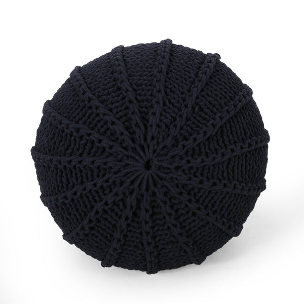 English Elm Bordeaux Knitted Cotton Round Pouf - Cozy Dark Blue Accent For Extra Seating & Stylish Decor B181P162898