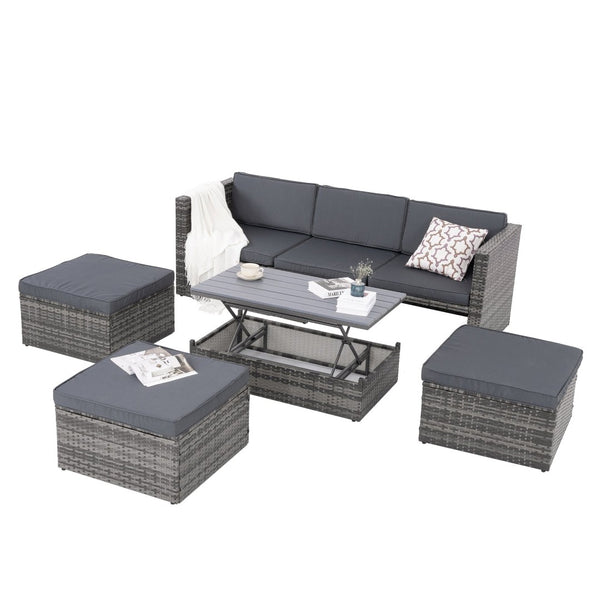 English Elm Patio 5-Piece Outdoor Wicker Furniture Set With Lift-Top Coffee Table & Comfortable Lounger Sofa W1703S00015-GIGA